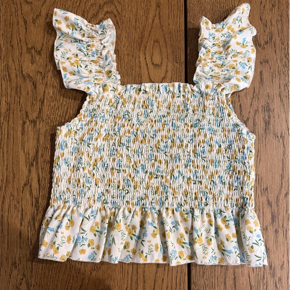 Yellow and Blue Floral Shirred Cropped Tank Top